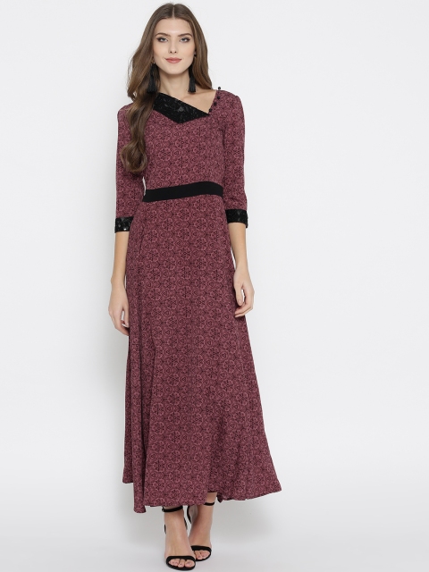 

Cottinfab Women Burgundy & Black Printed Maxi Dress