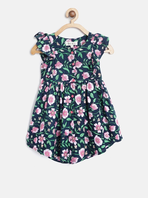 

Bella Moda Girls Navy & Pink Printed Fit & Flare Dress, Navy blue