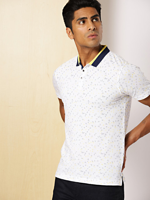 

INVICTUS Men White & Yellow Slim Fit Printed Polo Collar T-shirt