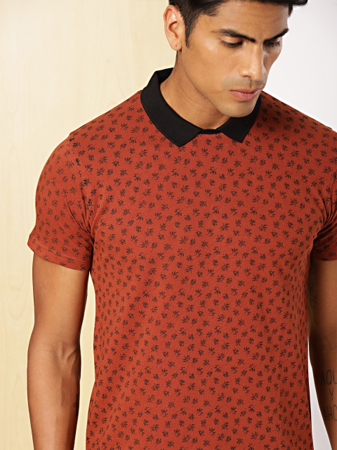 

INVICTUS Men Rust Brown Printed Polo Collar T-shirt