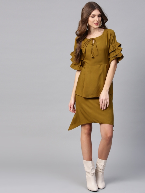 

Ives Women Olive Brown Solid Layered A-Line Dress