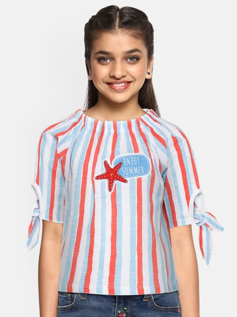 

YK Girls White & Blue Striped Bardot Top