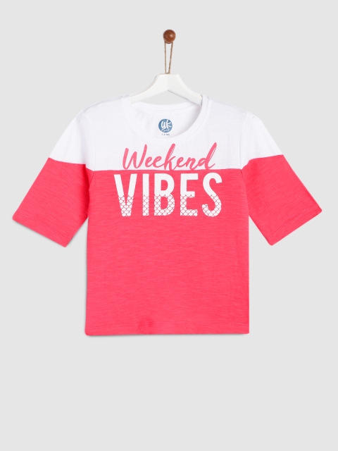 

YK Girls Pink & White Printed Round Neck T-shirt