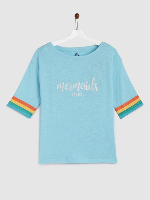 

YK Girls Blue Printed Round Neck T-shirt