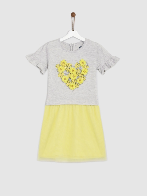 

YK Girls Grey & Yellow Floral Applique Tulle Skirt Party Dress