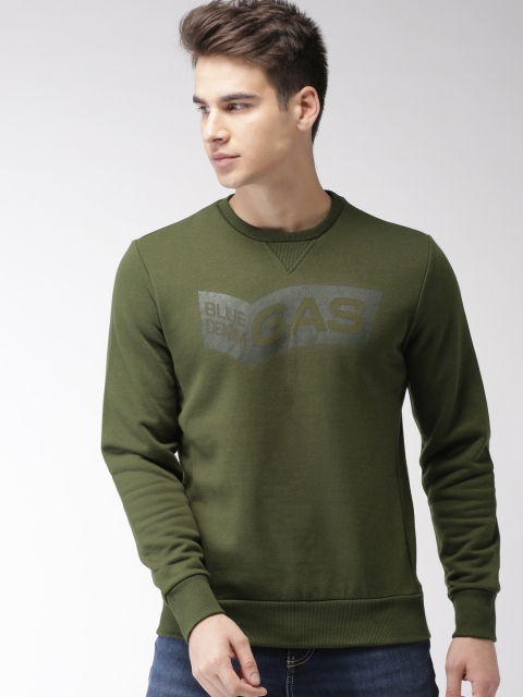 

GAS Men Olive Green Printed Round Neck T-shirt