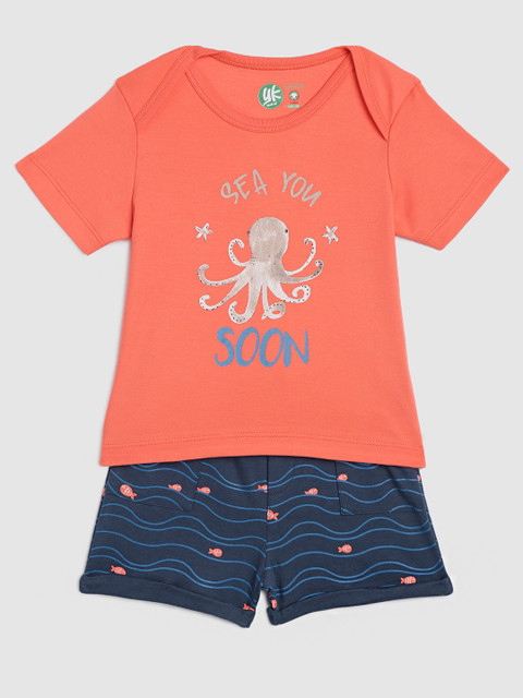 

YK Organic Infant Boys Coral & Navy Blue Printed T-shirt with Shorts