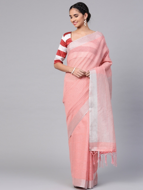 

Saree mall Peach-Coloured & Silver Self Checked Saree