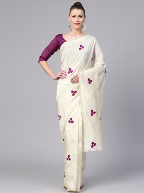 

Saree mall Cream-Coloured & Purple Embroidered Saree