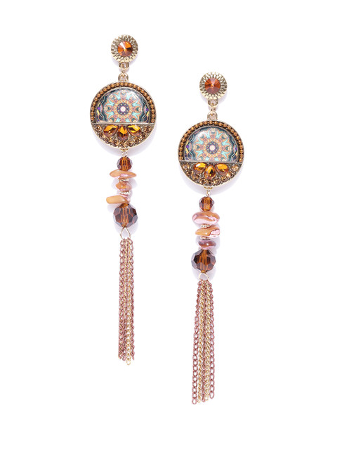 

Jewels Galaxy Brown Gold-Plated Circular Tasselled Drop Earrings