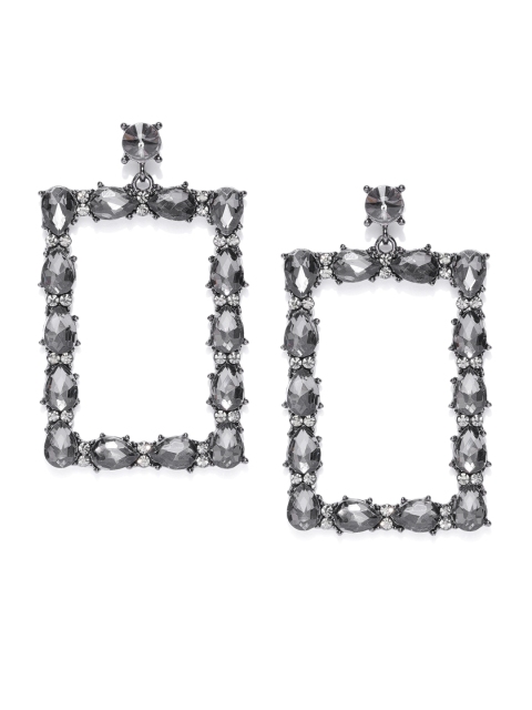 

Jewels Galaxy Gunmetal-Toned Silver-Plated Handcrafted Stone-Studded Drop Earrings, Metallic