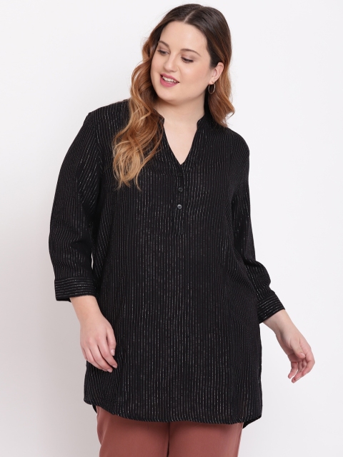 

The Pink Moon Plus Size Women Black Silver Striped Longline Shirt Style Top
