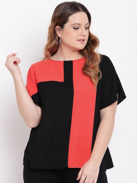 

The Pink Moon Plus Size Women Black Coral Orange Colourblocked Top