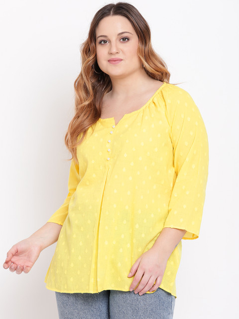 

The Pink Moon Plus Size Women Yellow Self Design A-Line Top