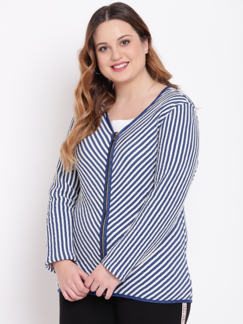

The Pink Moon Plus Size Women White Blue Striped Tailored Jacket