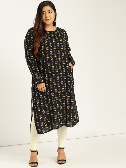 

Sztori Plus Size Women Black Mustard Yellow Printed Straight Kurta