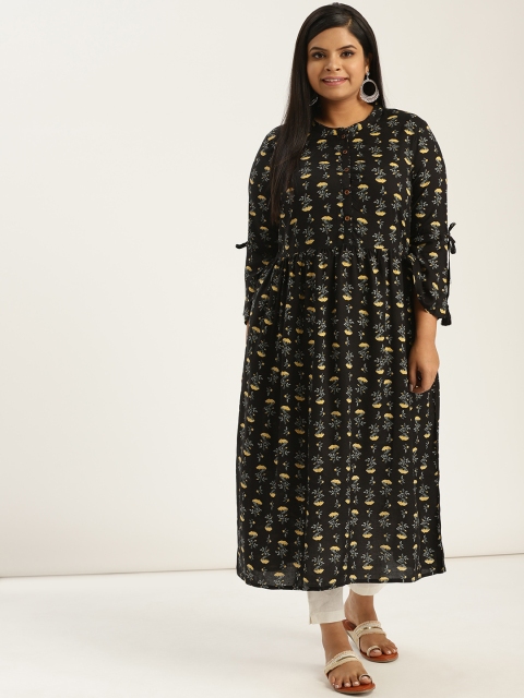

Sztori Plus Size Women Black Yellow Printed A-Line Kurta