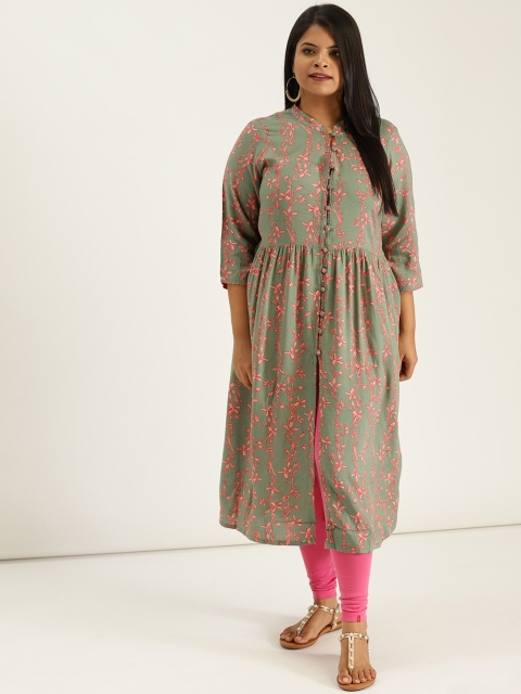 

Sztori Plus Size Women Green Pink Floral Print A-Line Kurta