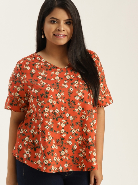 

Sztori Plus Size Women Orange Printed Top