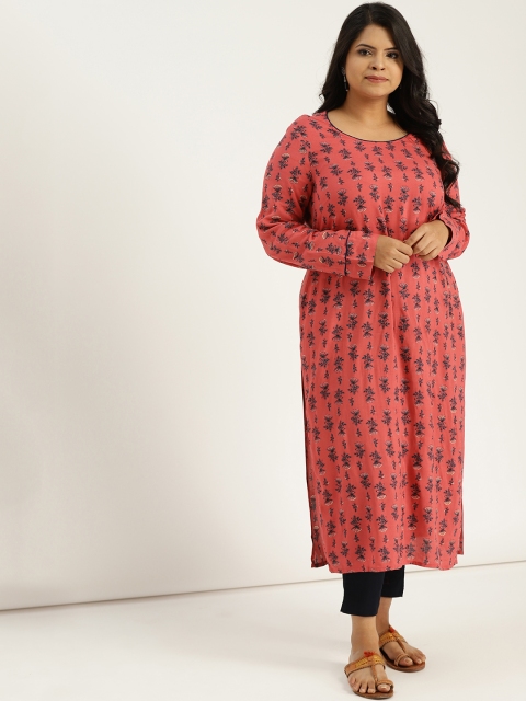 

Sztori Plus Size Women Coral Red Navy Blue Printed Straight Kurta