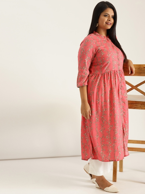 

Sztori Plus Size Women Coral Pink Green Printed A-Line Kurta