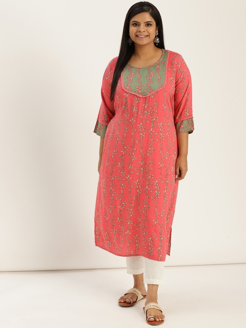 

Sztori Plus Size Women Pink Green Floral Print Straight Kurta