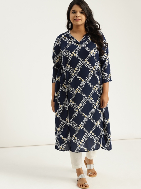 

Sztori Plus Size Women Navy Blue White Floral Print A-Line Kurta
