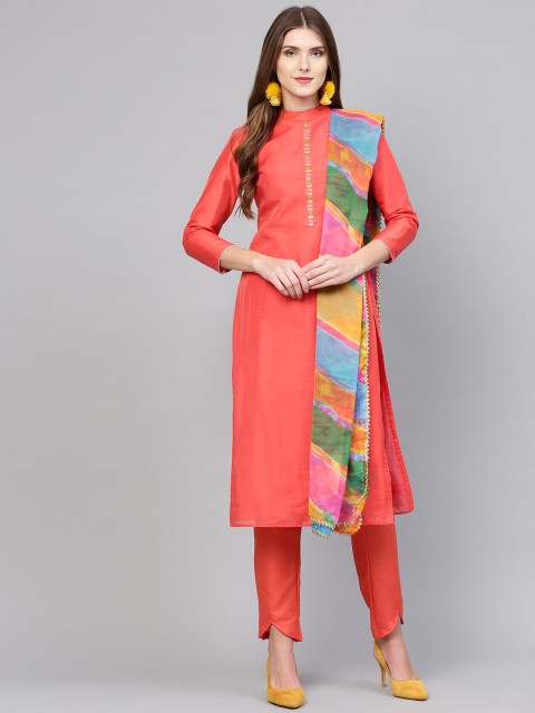 

Saree mall Coral Orange Solid Semi-Stitched Dress Material