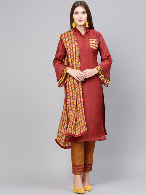 

Saree mall Rust Brown & Mustard Brown Semi-Stitched Dress Material