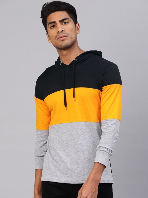 

Maniac Men Black Yellow Colourblocked Hood Pure Cotton T-shirt