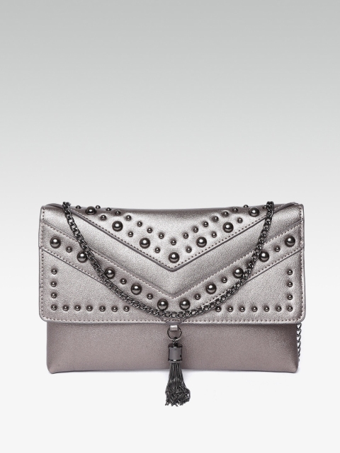 

DOROTHY PERKINS Gunmetal-Toned Embellished Clutch with Sling Strap, Metallic