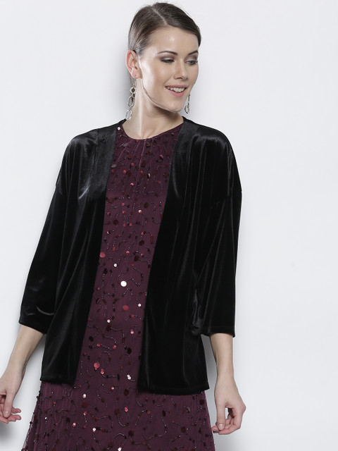 

DOROTHY PERKINS Black Solid Velvet Finish Open Front Shrug