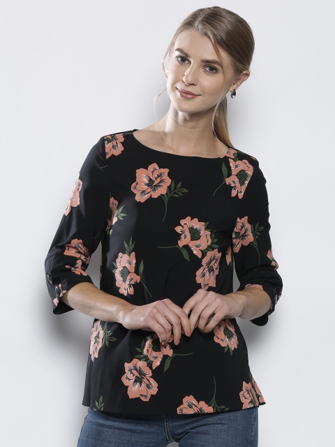 

DOROTHY PERKINS Women Black & Peach-Coloured Floral Print Top