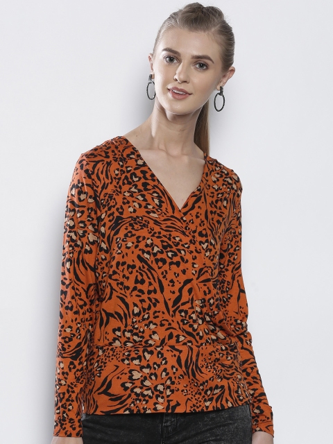 

DOROTHY PERKINS Women Orange & Black Animal Printed Wrap Top