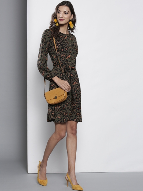 

DOROTHY PERKINS Women Olive Green & Black Printed Fit and Flare Dress