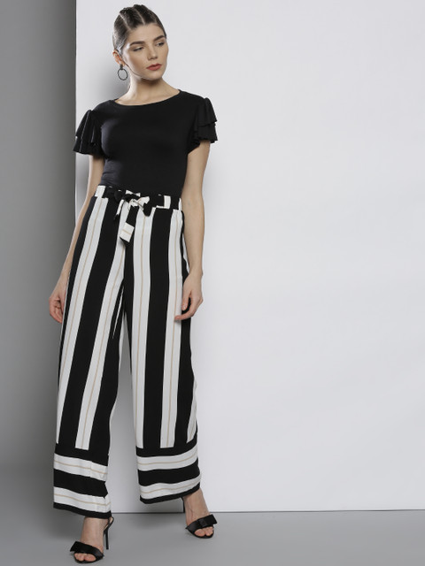 

DOROTHY PERKINS Women Black & White Regular Fit Striped Parallel Trousers