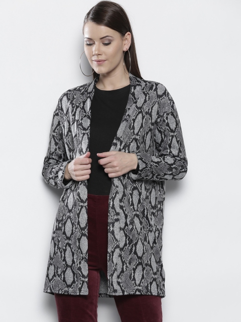 

DOROTHY PERKINS Women Grey & Black Animal Print Front-Open Sweater