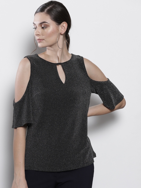 

DOROTHY PERKINS Women Charcoal Grey Shimmer Cold-Shoulder Top