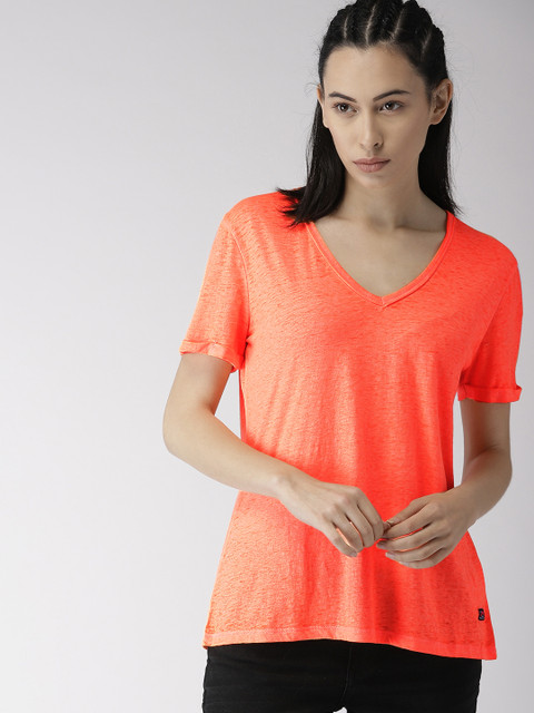 

Superdry Women Coral Orange Solid V-Neck T-shirt