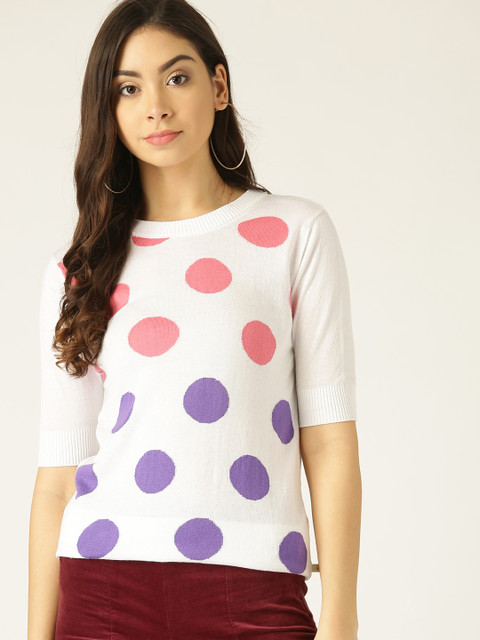 

United Colors of Benetton Women White & Purple Polka Dot Design Top