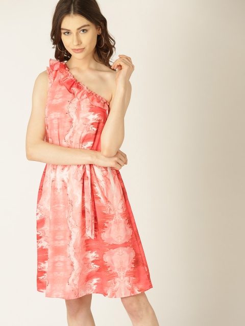 

United Colors of Benetton Women Coral Pink Printed One Shoulder A-Line Dress