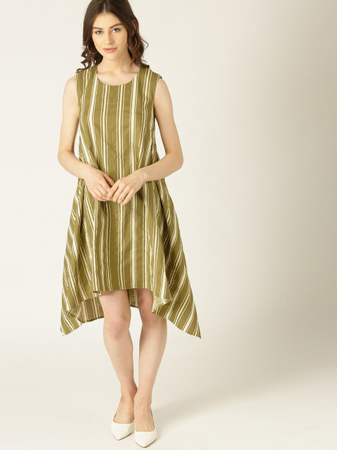

United Colors of Benetton Women Olive Green & Off-White Striped A-Line Dress