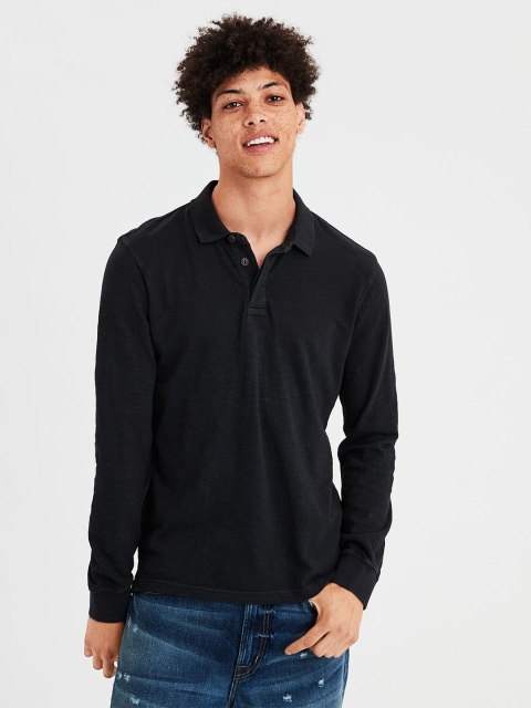 

AMERICAN EAGLE OUTFITTERS Men Charcoal Grey Solid Polo Collar T-shirt