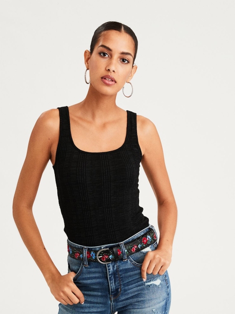 

AMERICAN EAGLE OUTFITTERS Women Black Solid Fitted Top