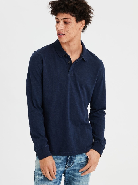

AMERICAN EAGLE OUTFITTERS Men Navy Blue Solid Polo Collar T-shirt