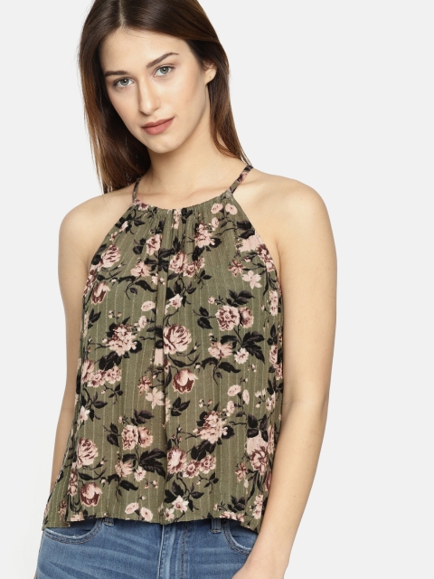 

AMERICAN EAGLE OUTFITTERS Women Olive Green & Pink Printed Top