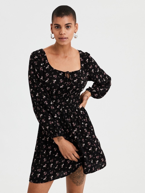 

AMERICAN EAGLE OUTFITTERS Women Black Printed Fit and Flare Dress