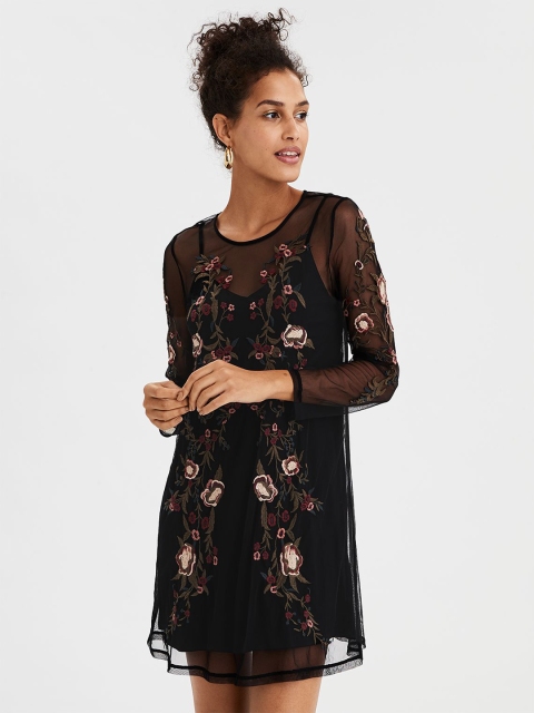 

AMERICAN EAGLE OUTFITTERS Women Black Self Design Embroidered Sheath Dress