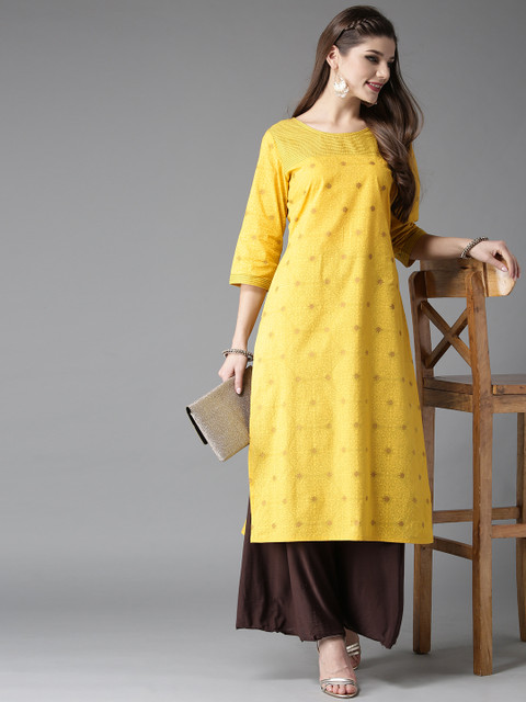

HERE&NOW Women Yellow & Golden Printed Straight Kurta