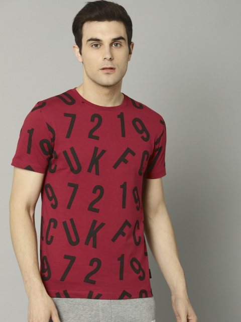 

French Connection Men Maroon Printed Round Neck T-shirt